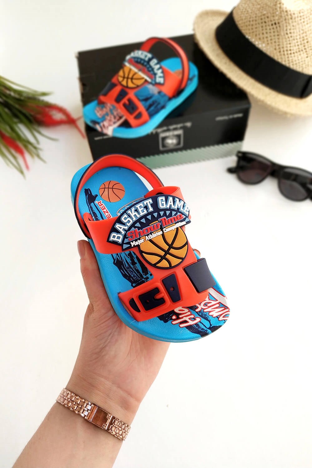 Basketbol Topu Baskılı Çocuk Sandalet Mavi Kırmızı