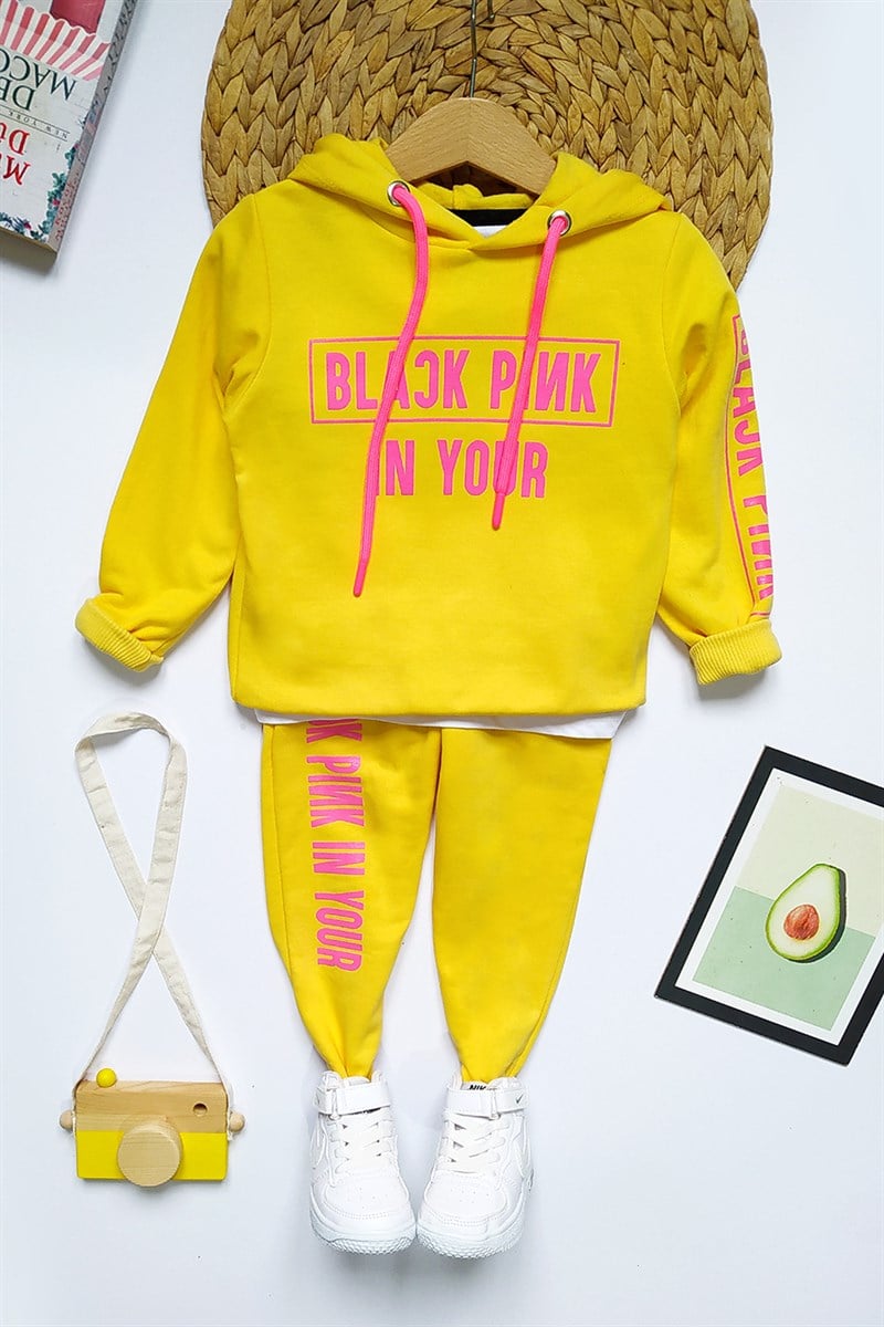 Black Pink Baskılı Çocuk Eşofman Takımı Sarı