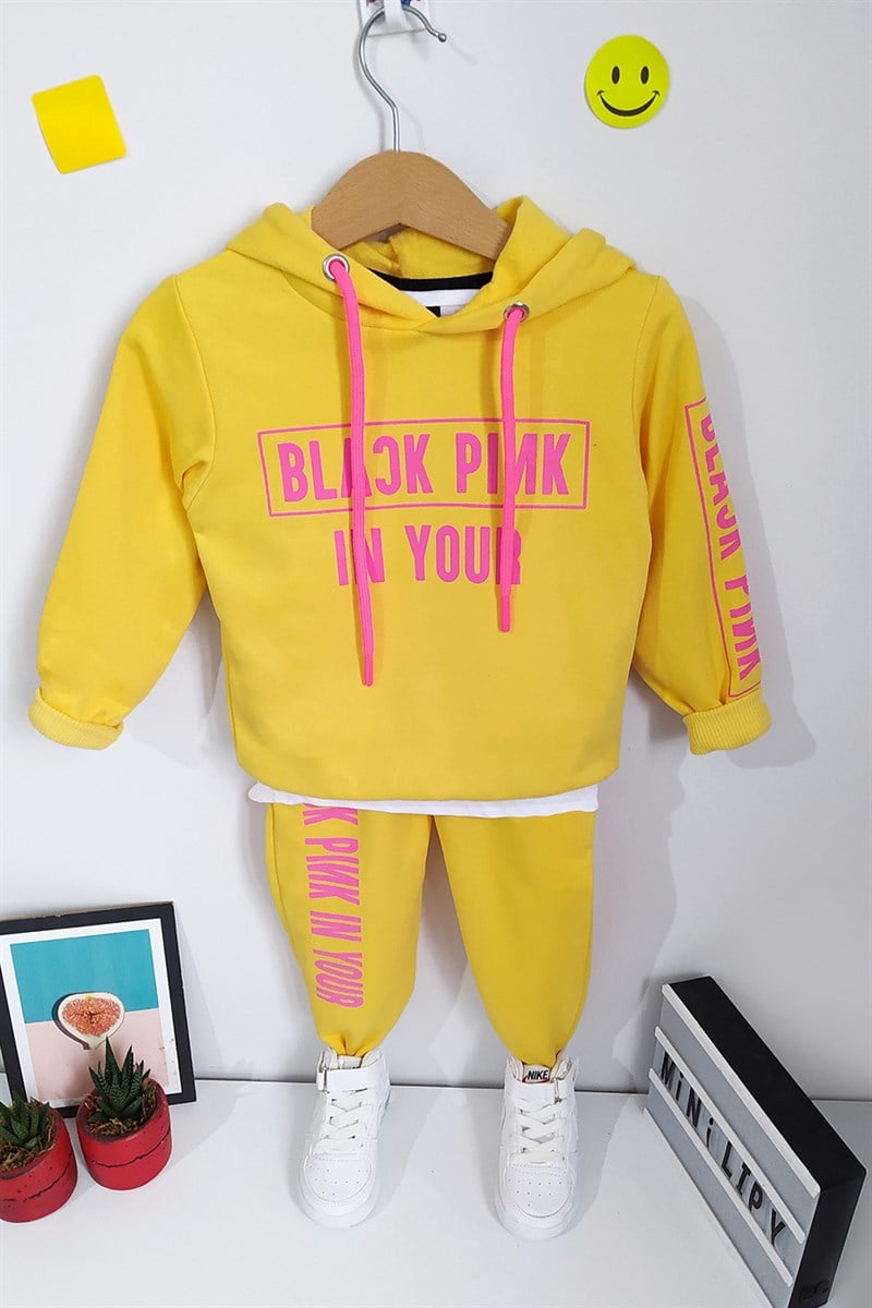 Black Pink Baskılı Çocuk Eşofman Takımı Sarı