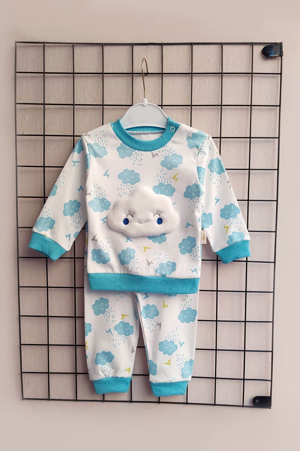 Bulut Baskılı Pijama Takımı Mavi Beyaz