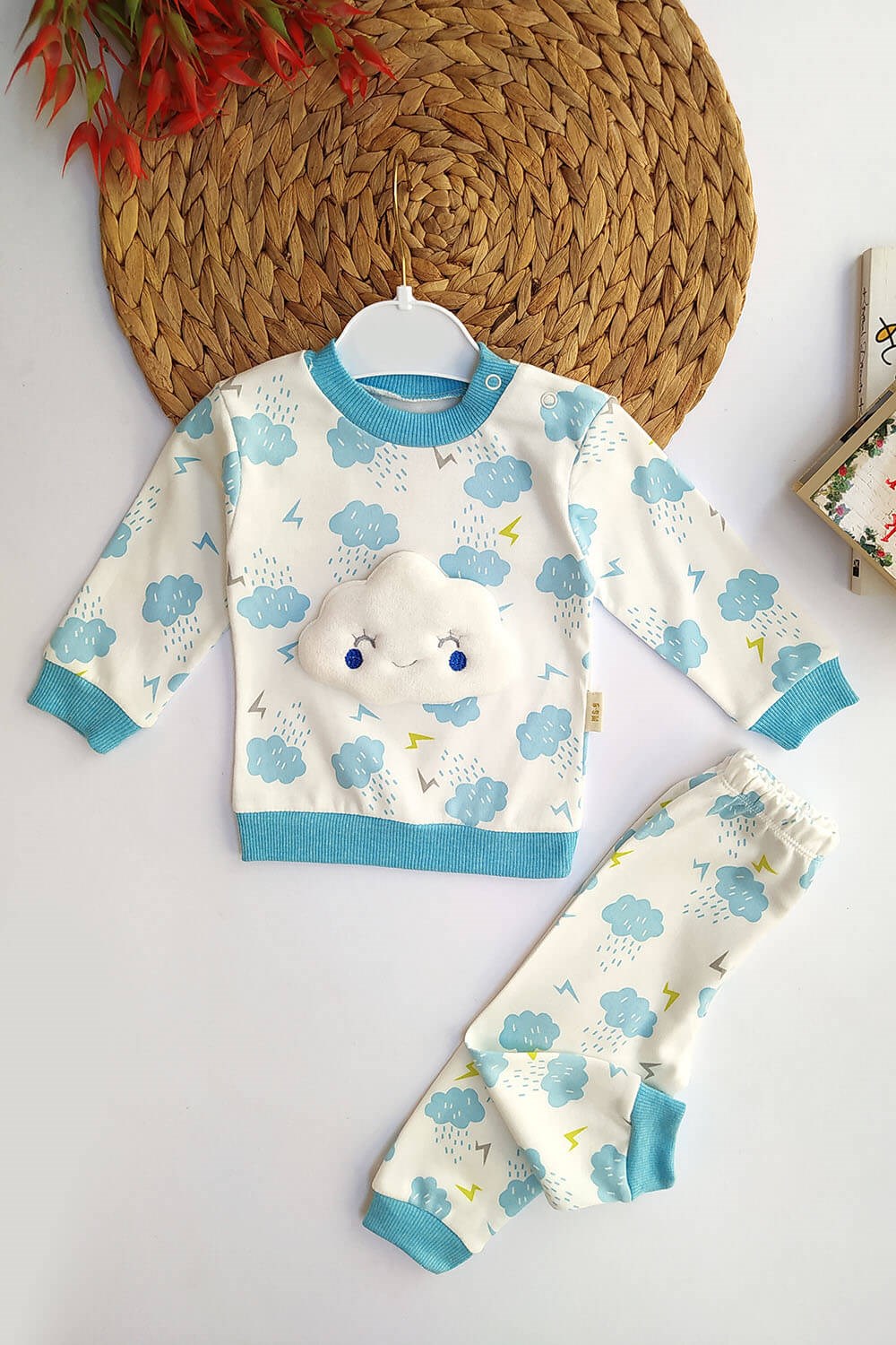 Bulut Baskılı Pijama Takımı Mavi Beyaz