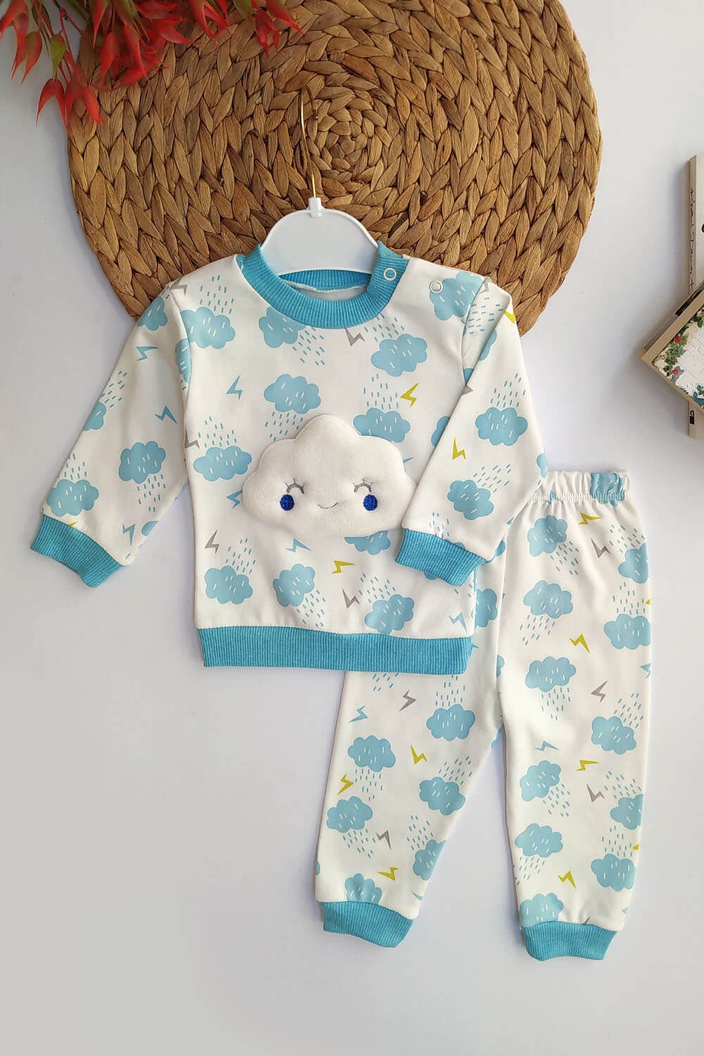 Bulut Baskılı Pijama Takımı Mavi Beyaz