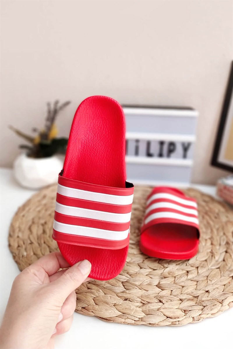 Çizgili Çocuk Sandalet Kırmızı