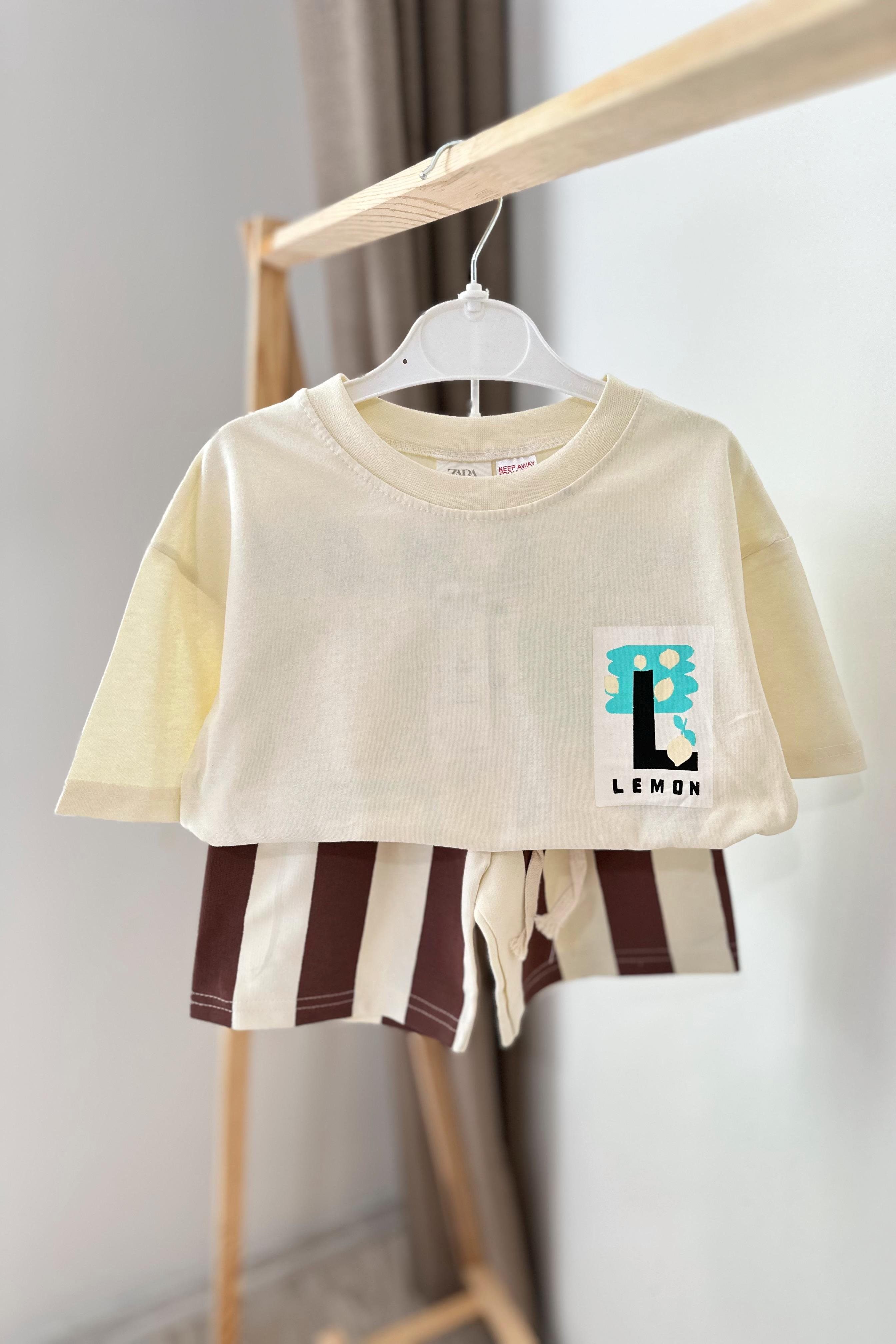 Çizgili Şortlu Çocuk Takım Kahve Beyaz