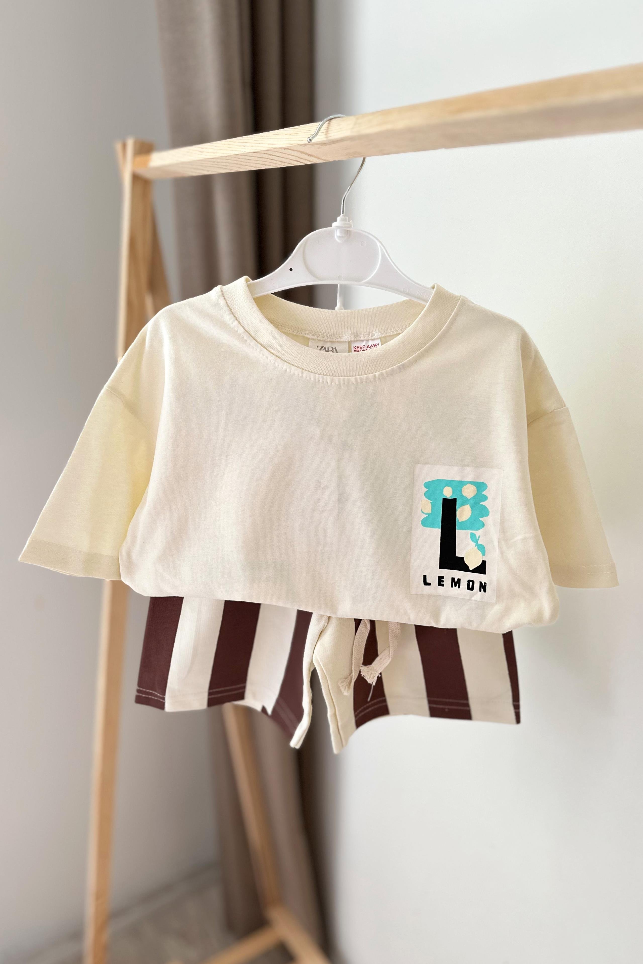 Çizgili Şortlu Çocuk Takım Kahve Beyaz