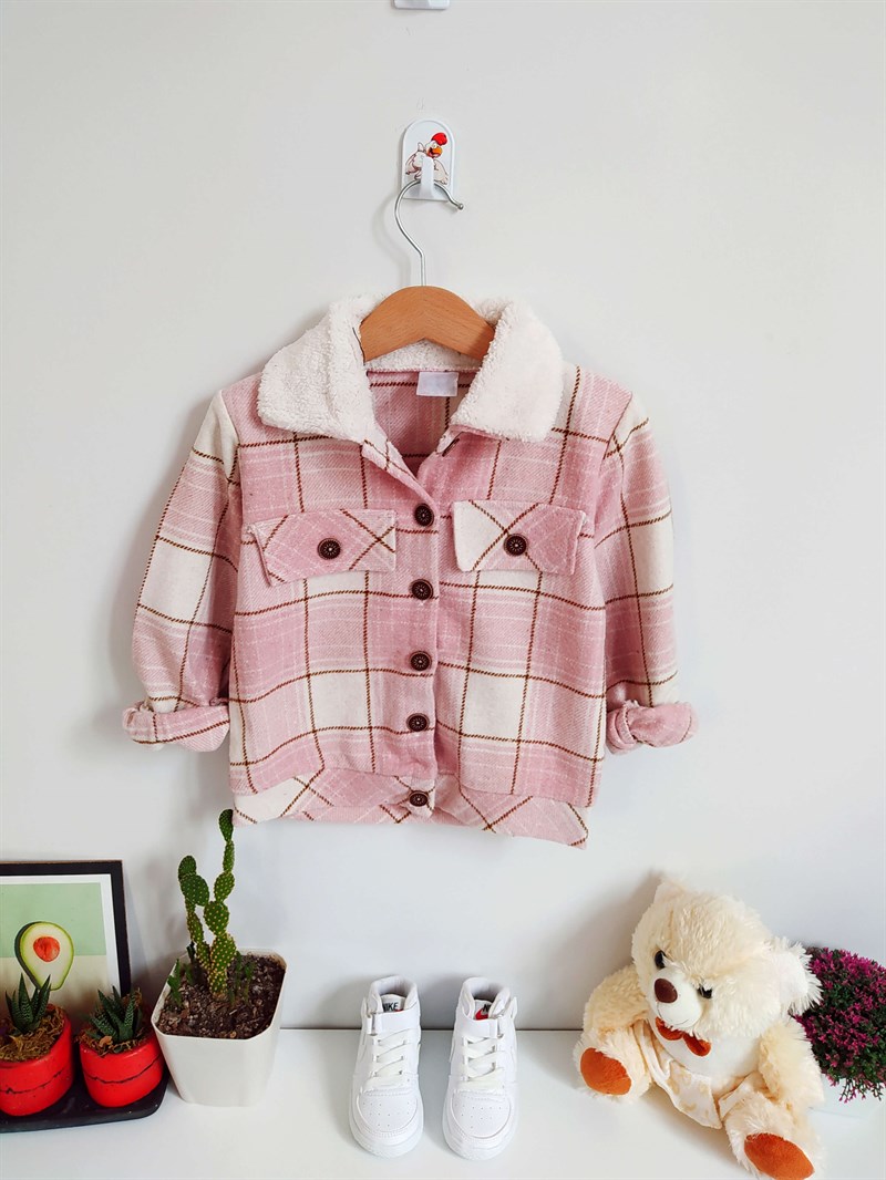 Çizgili Yakası Peluş Çocuk Gömlek Pembe
