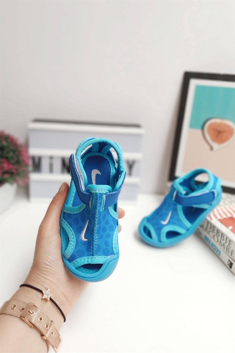Daire Baskılı Çocuk Yapışkanlı Sandalet Mavi Beyaz