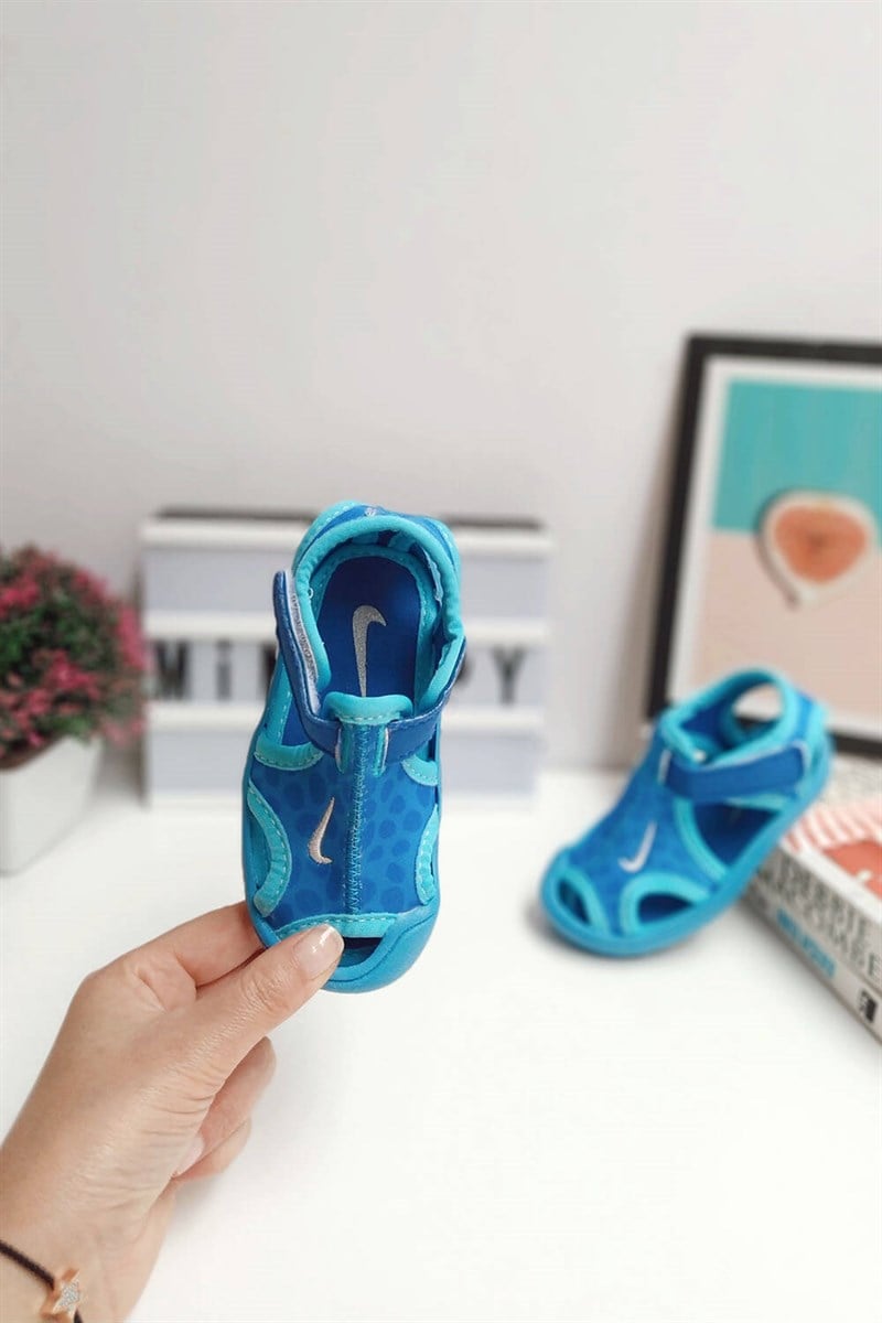 Daire Baskılı Çocuk Yapışkanlı Sandalet Mavi Beyaz