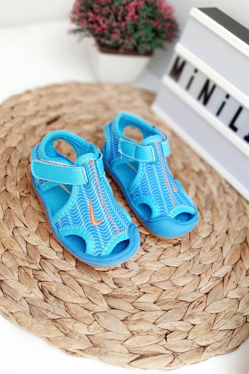 Desenli Yapışkanlı Çocuk Sandalet Mavi Turuncu