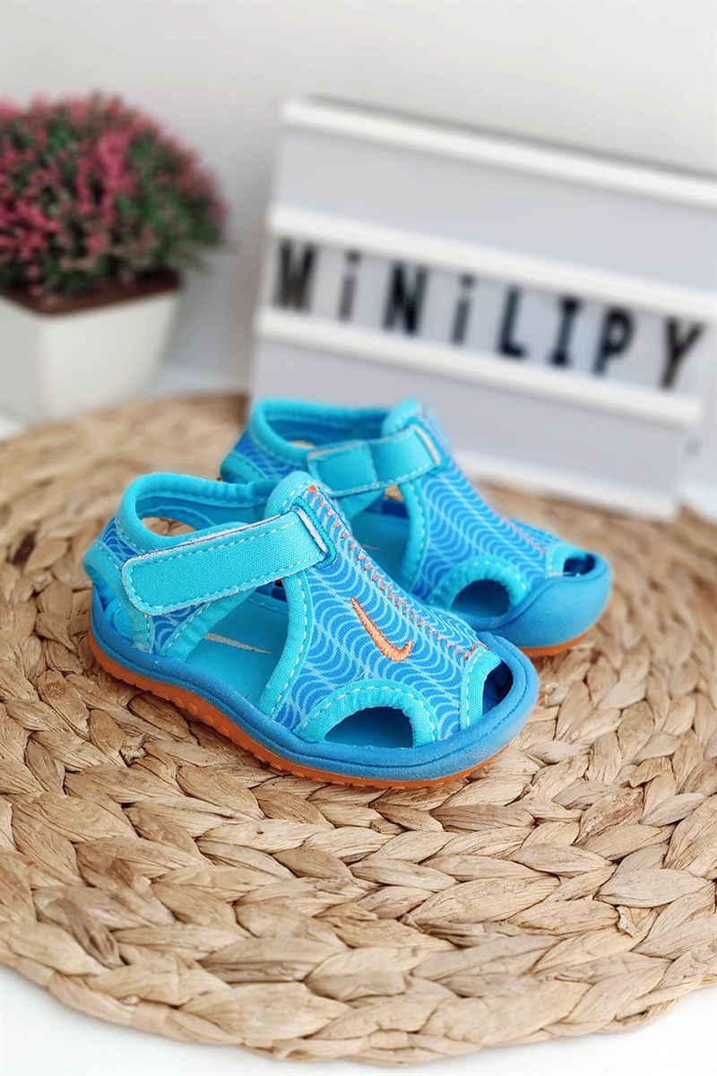 Desenli Yapışkanlı Çocuk Sandalet Mavi Turuncu