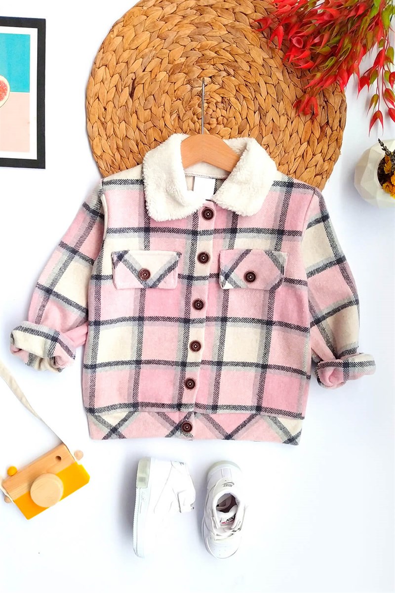 Ekose Desenli Yakası Peluş Çocuk Gömlek Pembe