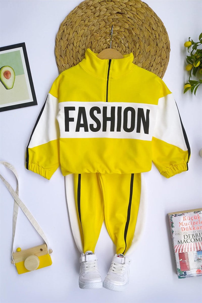 Fashion Baskılı Çocuk Sweat Takım Sarı Beyaz