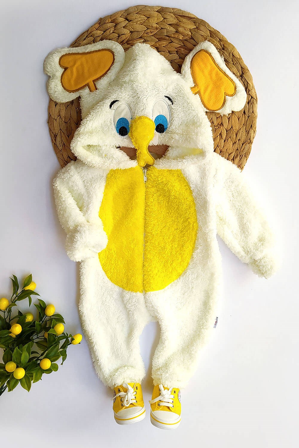 Fil Baskılı Çocuk Peluş Tulum Sarı Beyaz