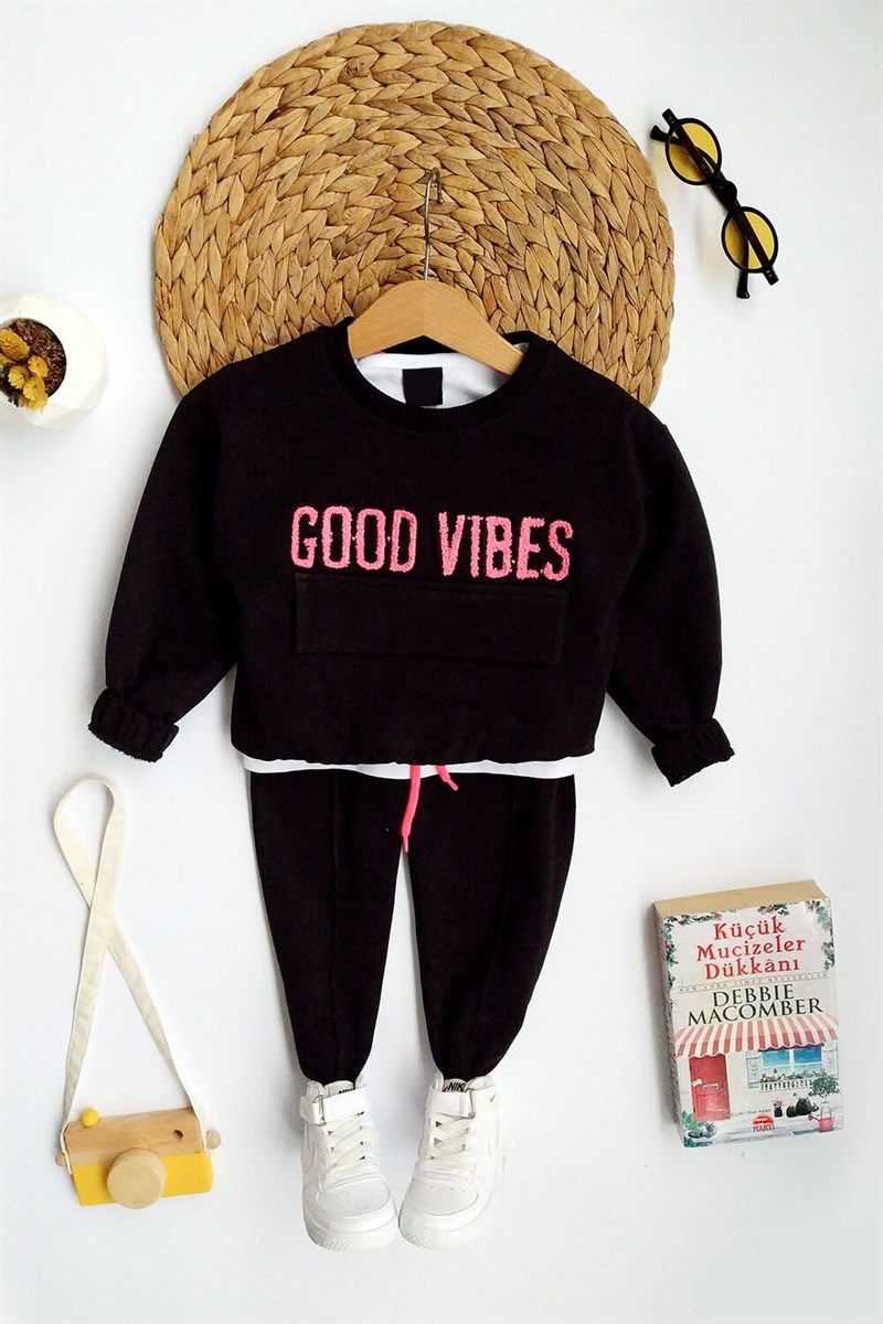 Good Vibes Baskılı Çocuk Eşofman Takımı Siyah Pembe