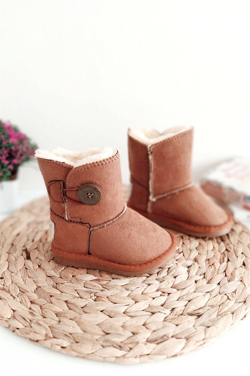 İçi Kürklü Düğmeli Çocuk Bot Kahverengi