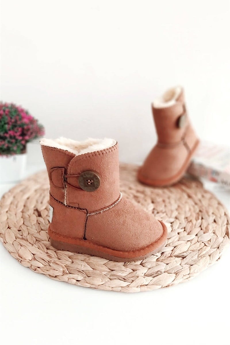 İçi Kürklü Düğmeli Çocuk Bot Kahverengi