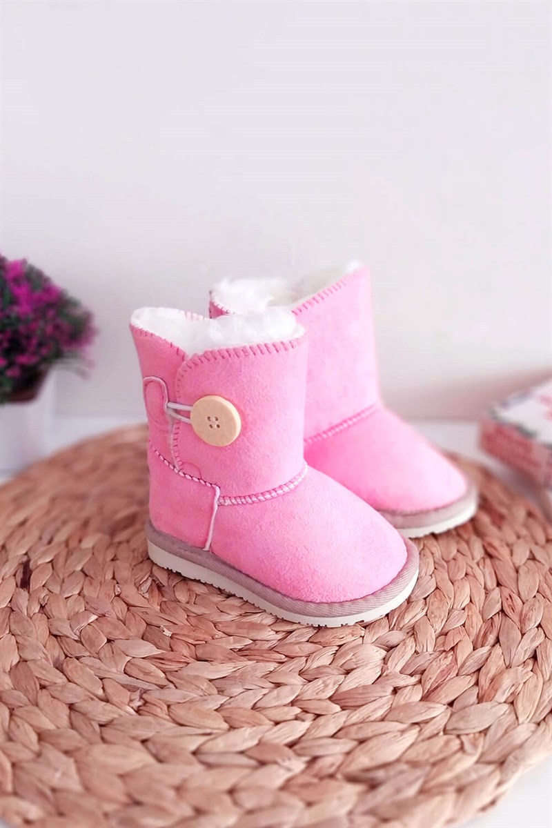 İçi Kürklü Düğmeli Çocuk Bot Pembe