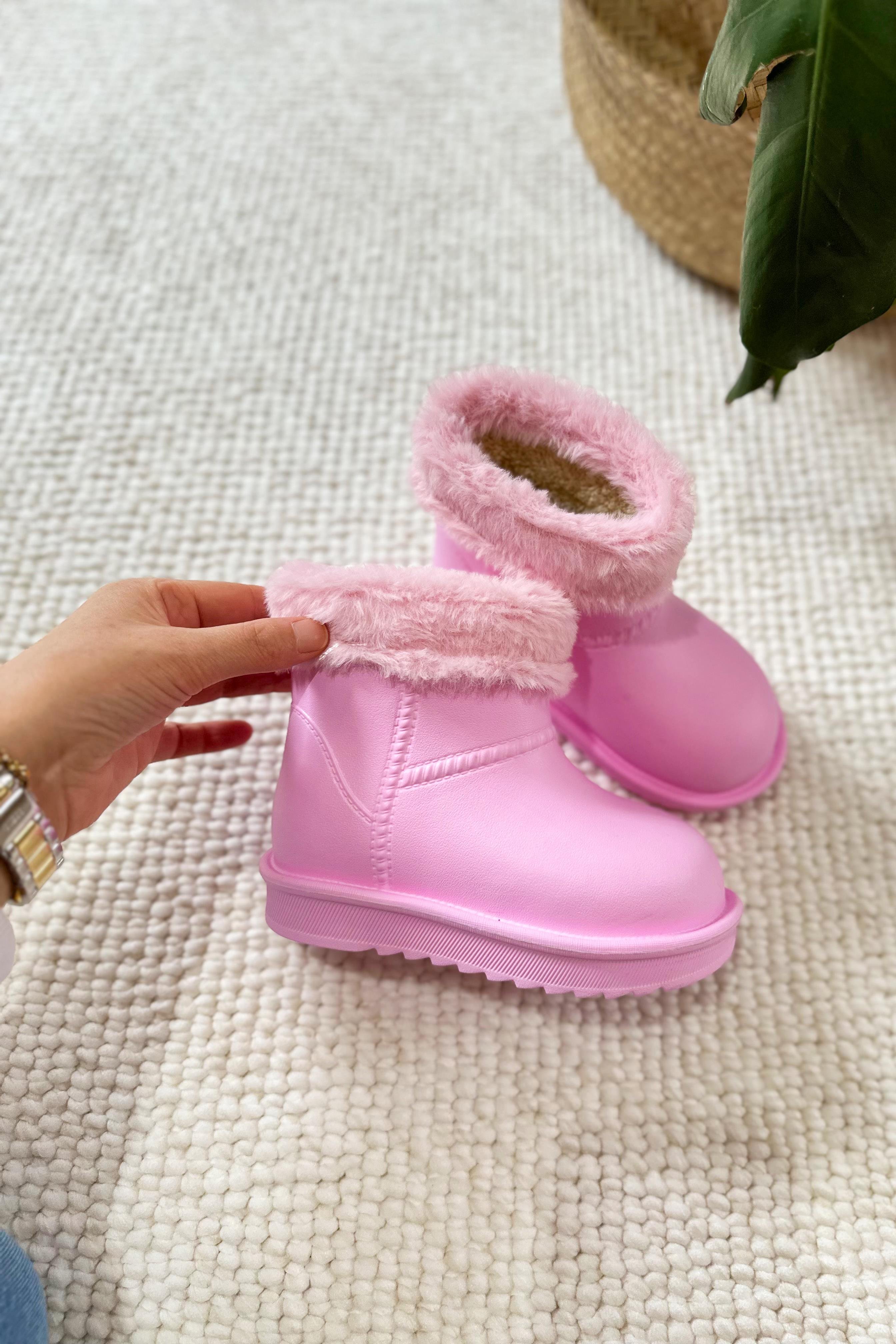 İçi Kürkü Su Geçirmez Pembe Yağmur Botu Ayakkabı