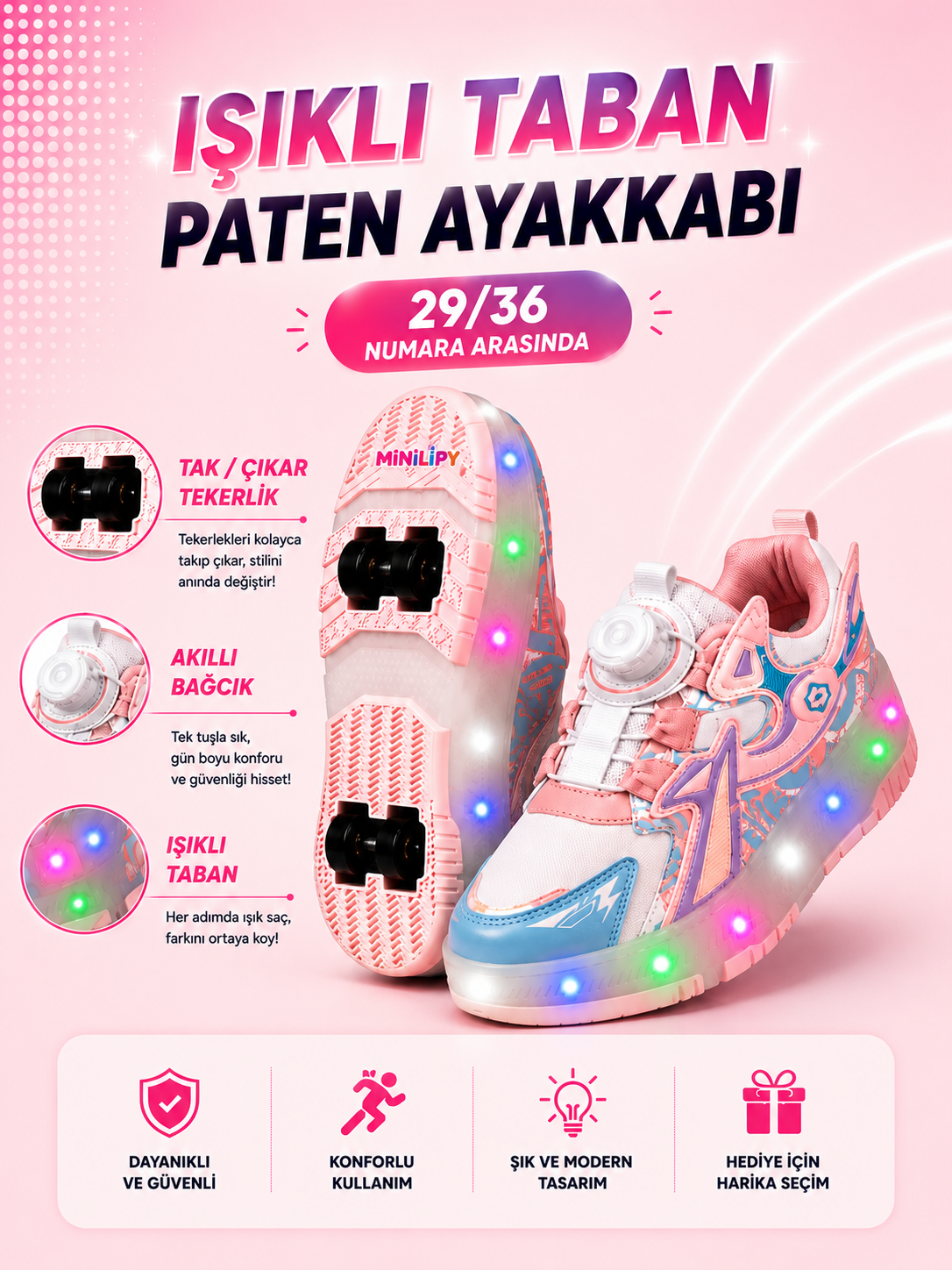 Işıklı Taban ve Akıllı Bağcık Paten Ayakkabı Pudra Beyaz