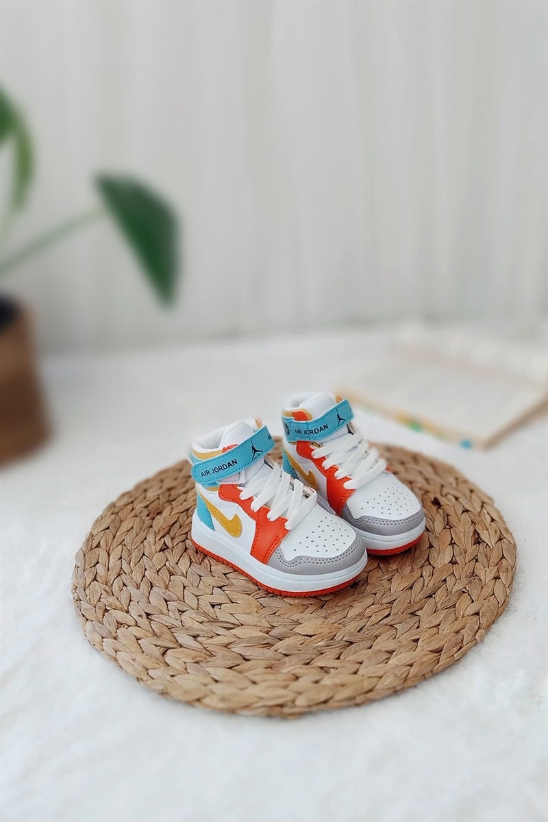 Jordan Baskılı Amblemi Hardal Çocuk Yarım Bot Turuncu Mavi