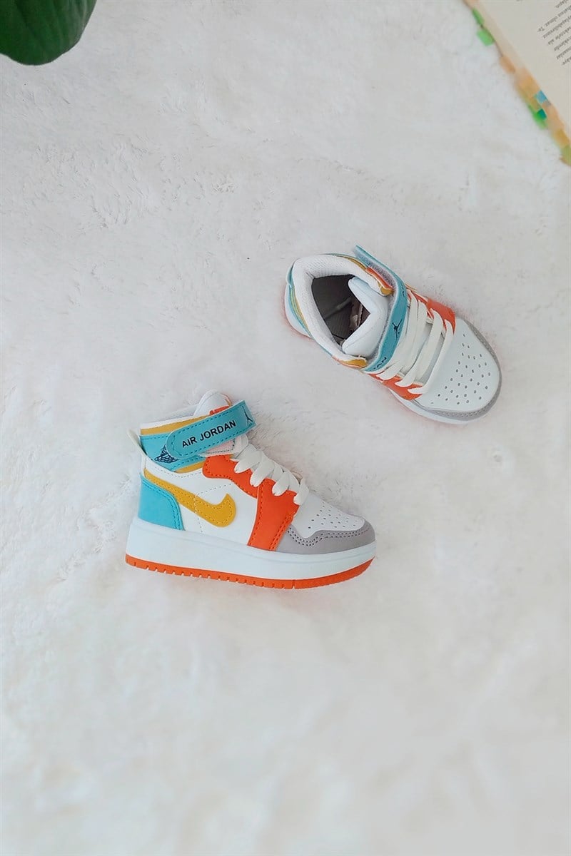 Jordan Baskılı Amblemi Hardal Çocuk Yarım Bot Turuncu Mavi