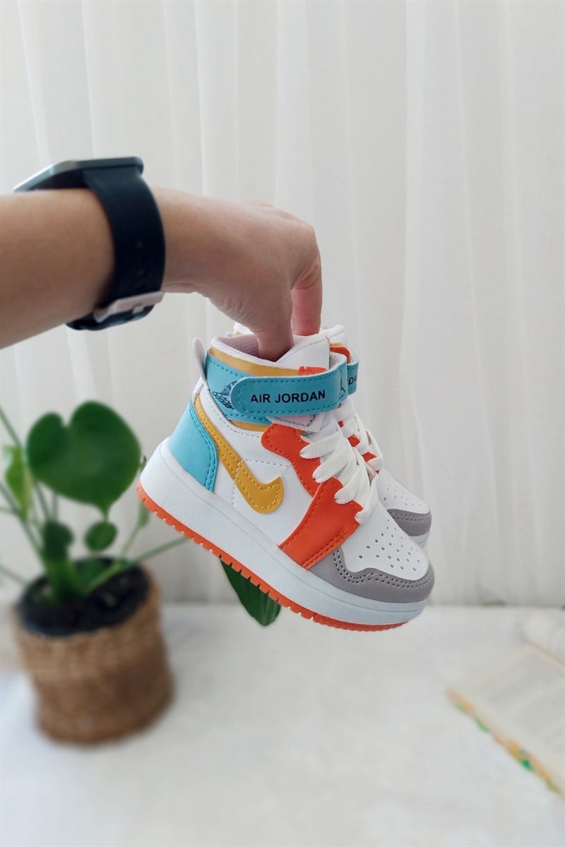 Jordan Baskılı Amblemi Hardal Çocuk Yarım Bot Turuncu Mavi