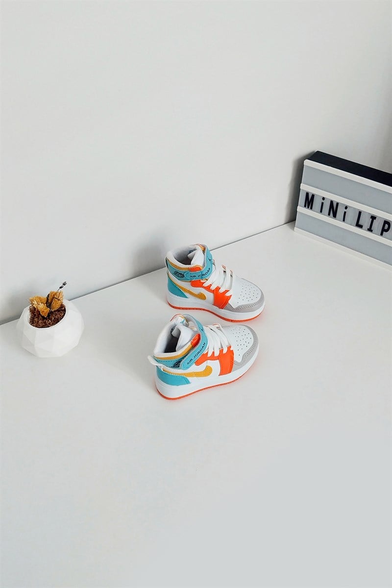 Jordan Baskılı Amblemi Hardal Çocuk Yarım Bot Turuncu Mavi