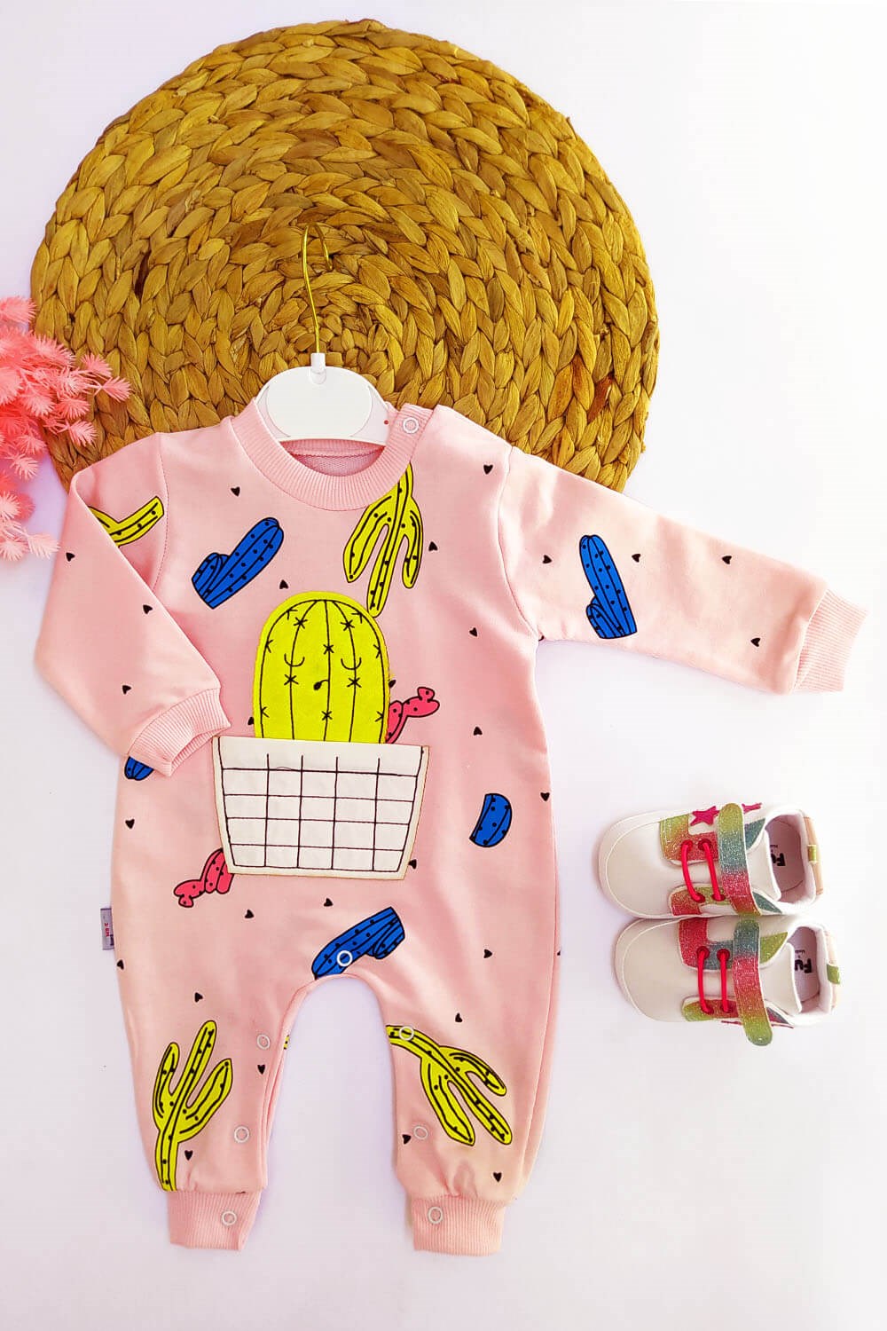 Kaktüs Nakışlı Bebek Tulum Pembe