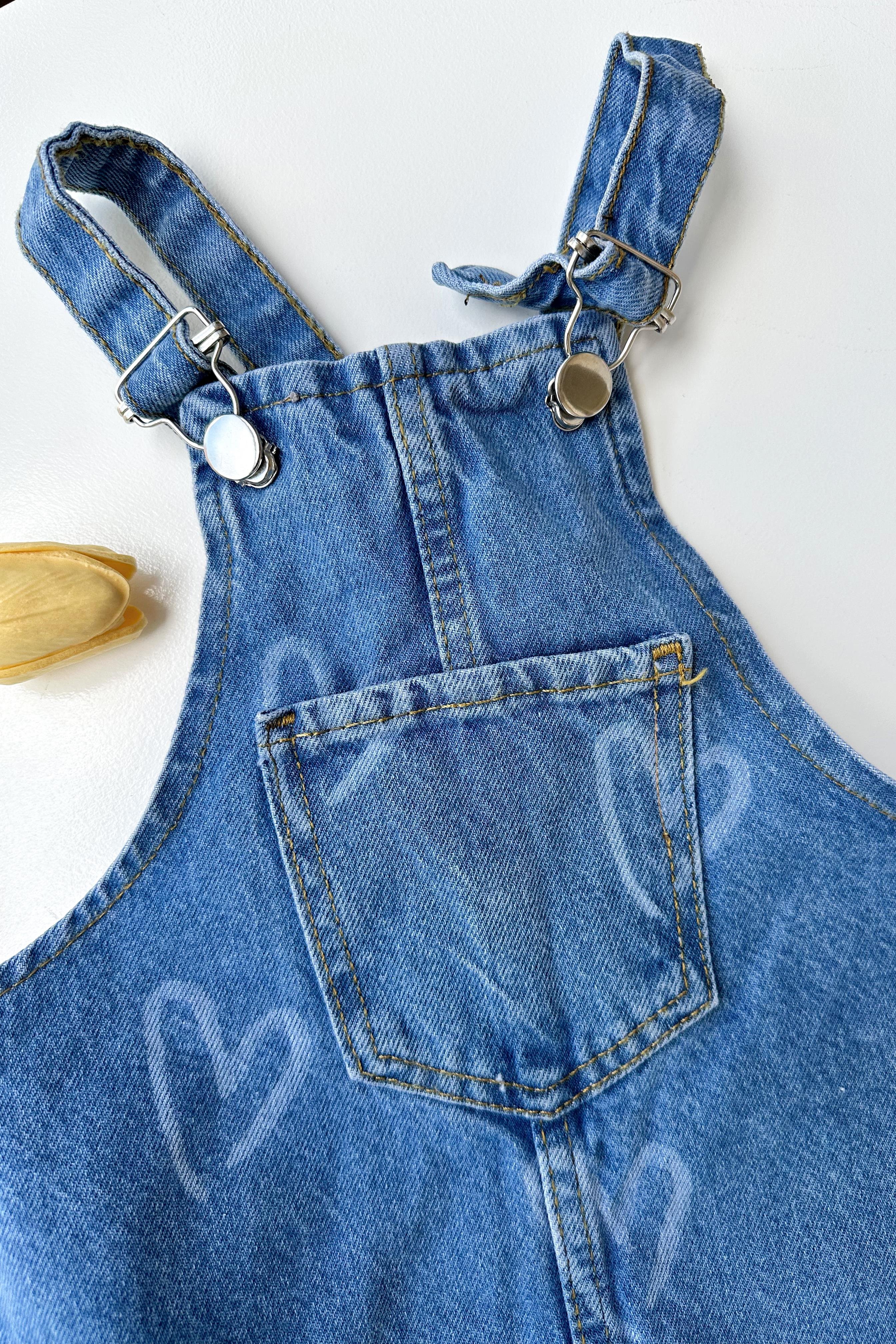 Kalp Baskılı Kız Çocuk Salopet Mavi