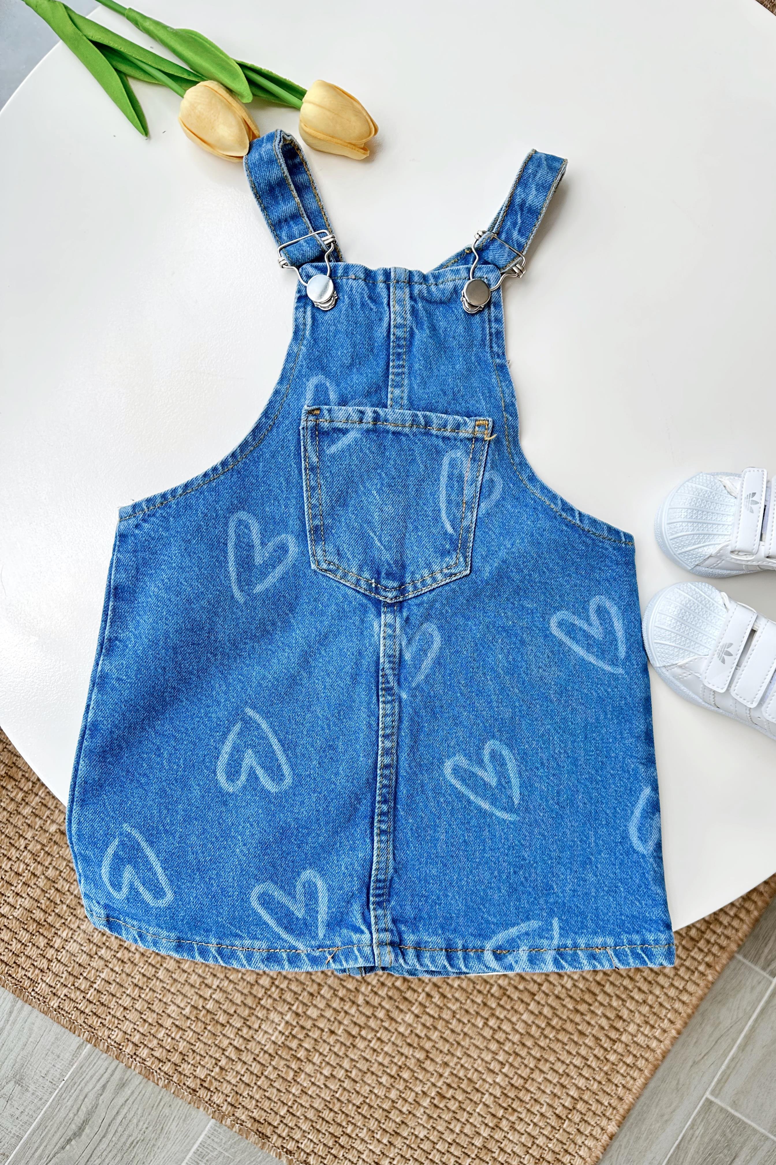 Kalp Baskılı Kız Çocuk Salopet Mavi