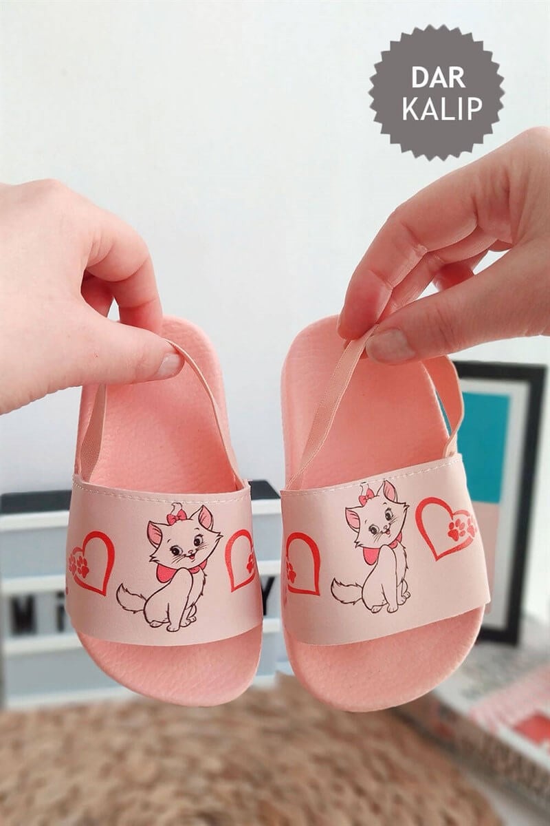 Kedi Baskılı Arkası Lastikli Çocuk Sandalet Pudra