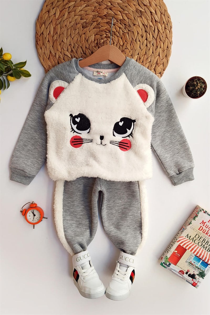 Kedi Baskılı Beyaz Peluş Kız Çocuk Takım