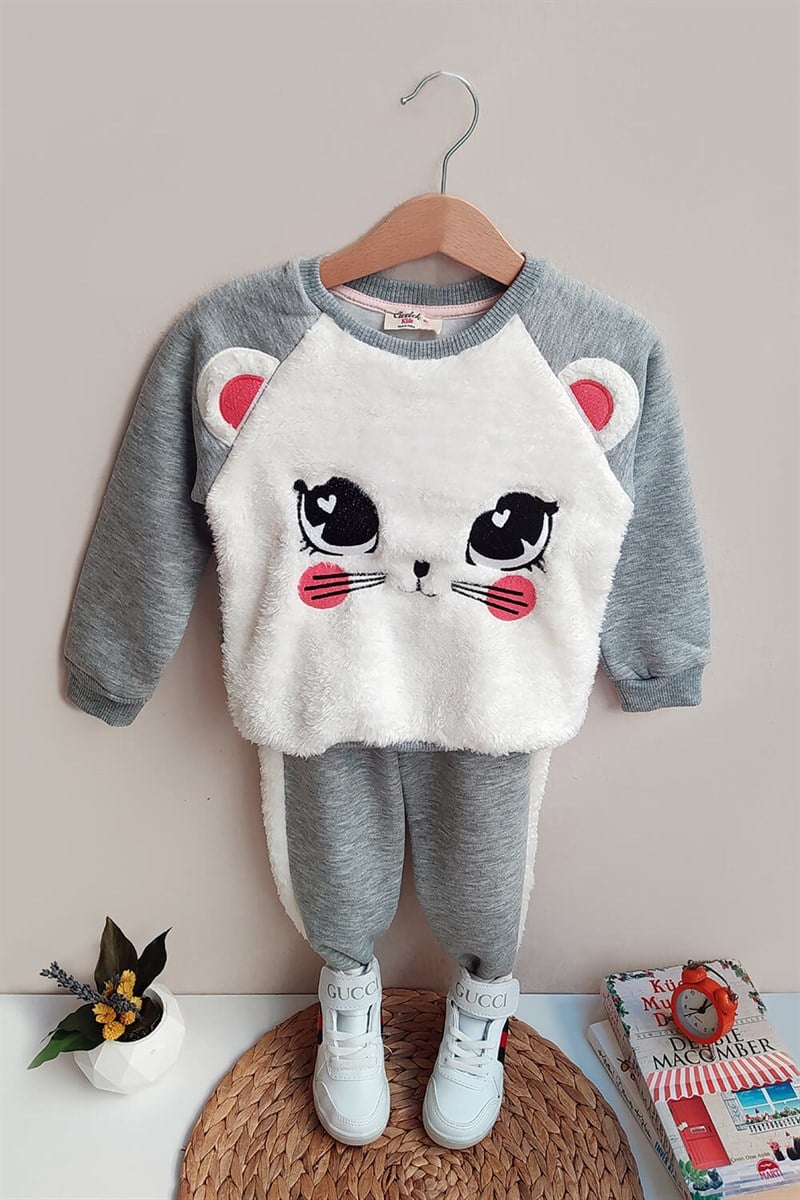 Kedi Baskılı Beyaz Peluş Kız Çocuk Takım