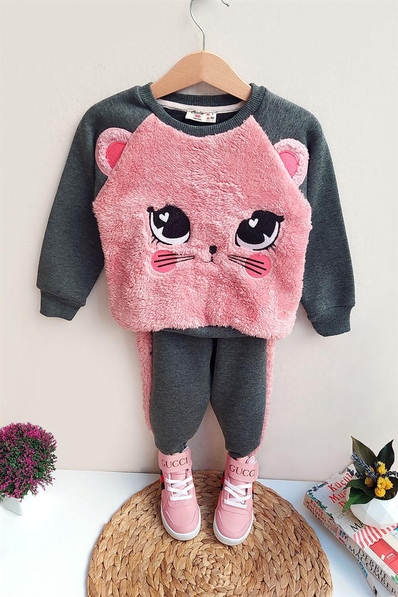 Kedi Baskılı Pembe Peluş Kız Çocuk Takım