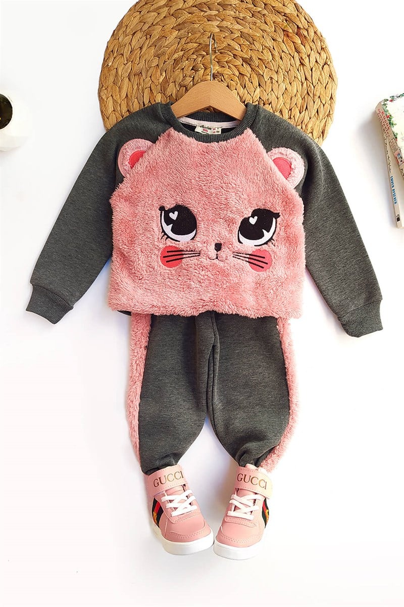 Kedi Baskılı Pembe Peluş Kız Çocuk Takım