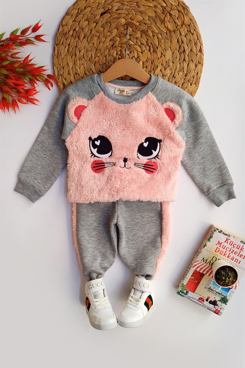 Kedi Baskılı Pudra Peluş Kız Çocuk Takım
