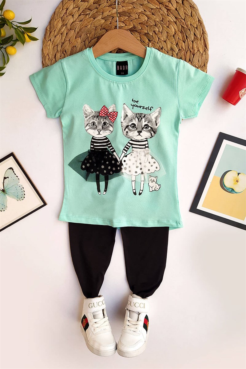 Kedi Baskılı Taçlı Kız Çocuk Taytlı Takım Yeşil Siyah