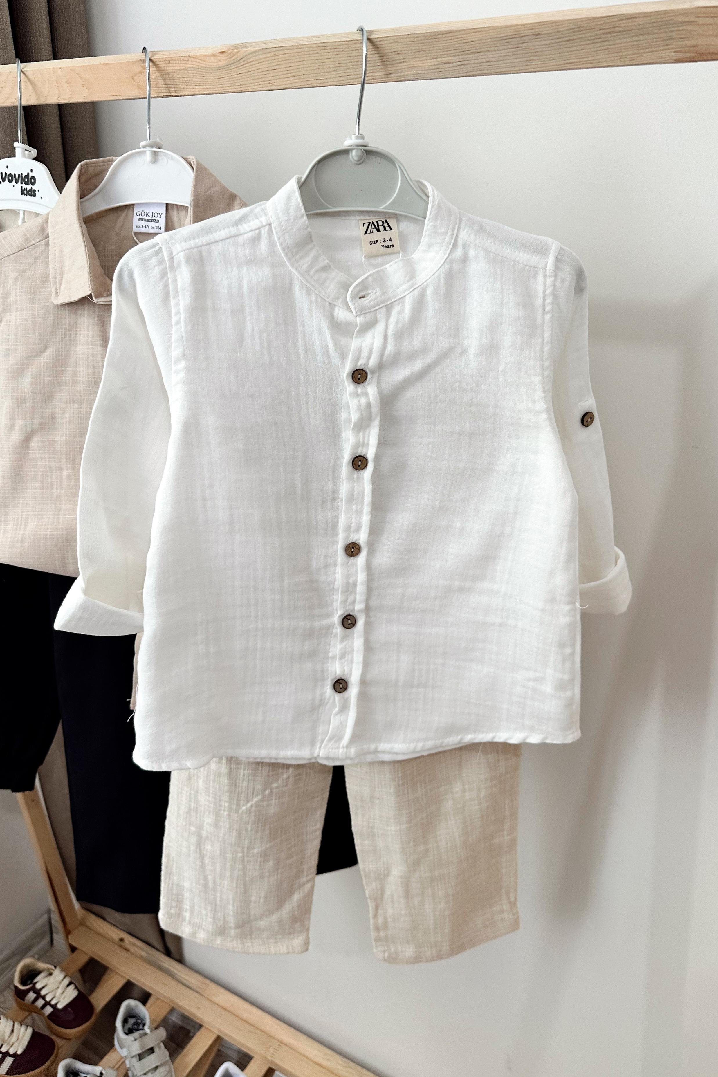 Keten Pantolonlu Gömlekli Çocuk Takım Beyaz Bej