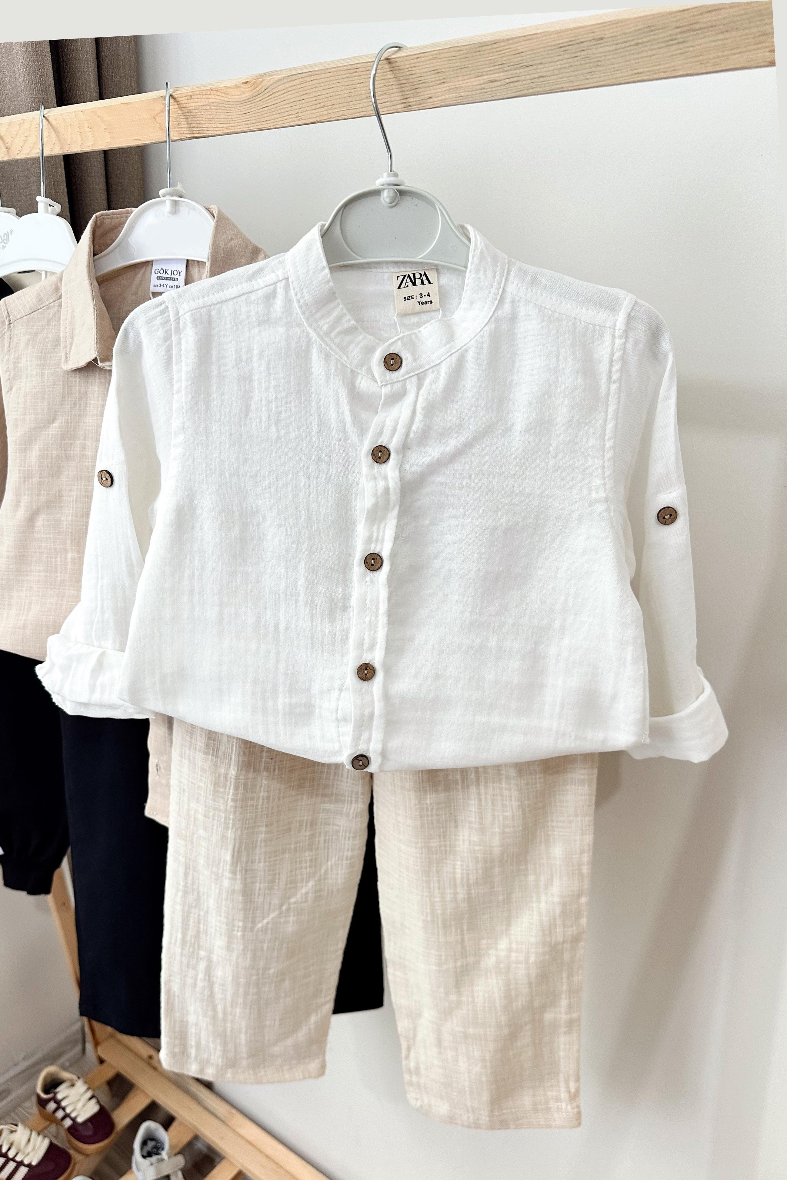 Keten Pantolonlu Gömlekli Çocuk Takım Beyaz Bej