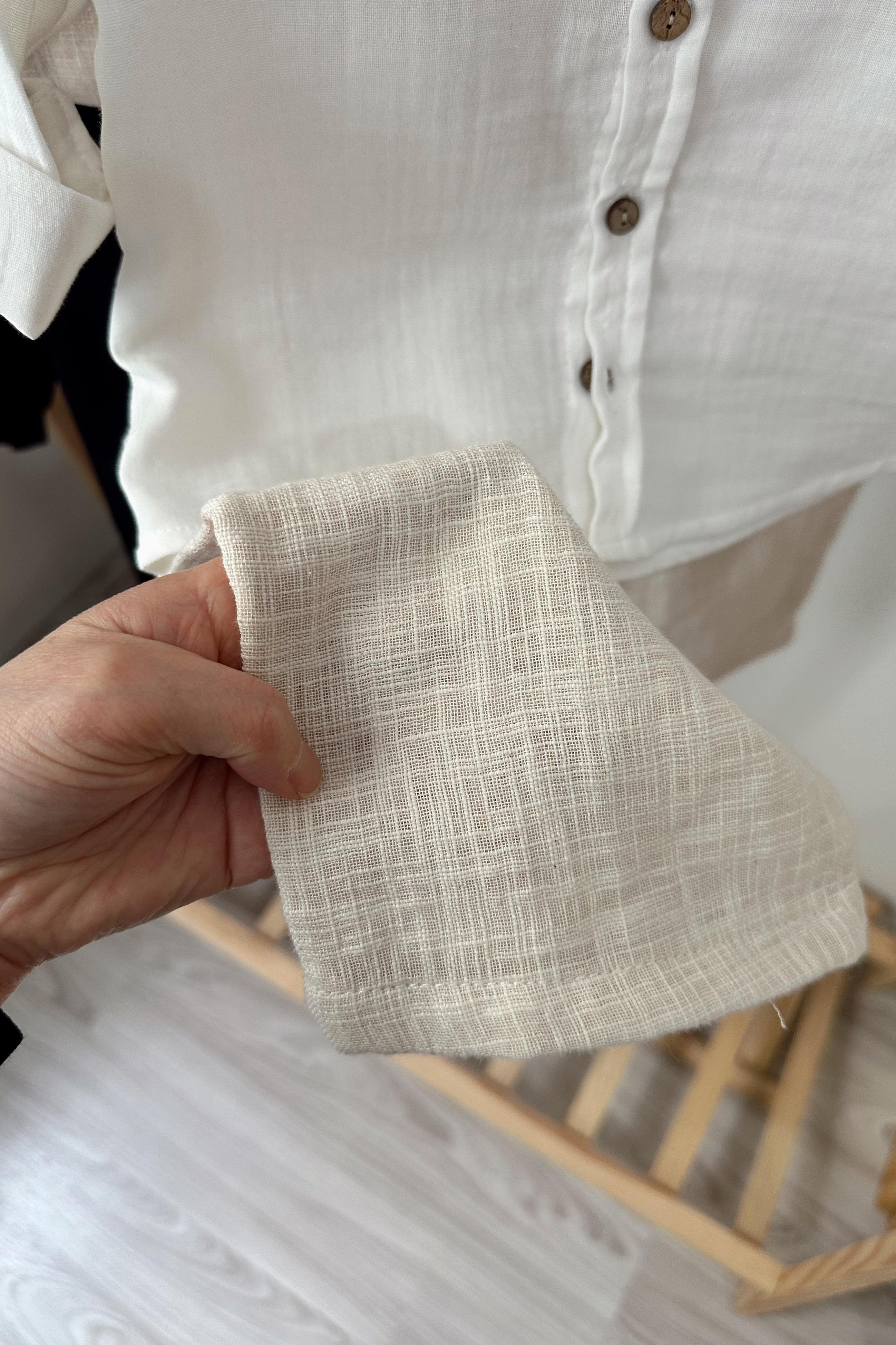 Keten Pantolonlu Gömlekli Çocuk Takım Beyaz Bej