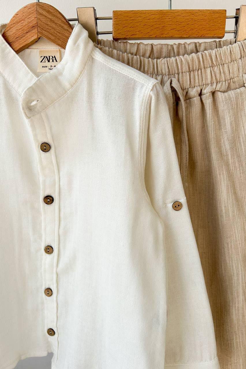 Keten Pantolonlu Gömlekli Çocuk Takım Beyaz Bej