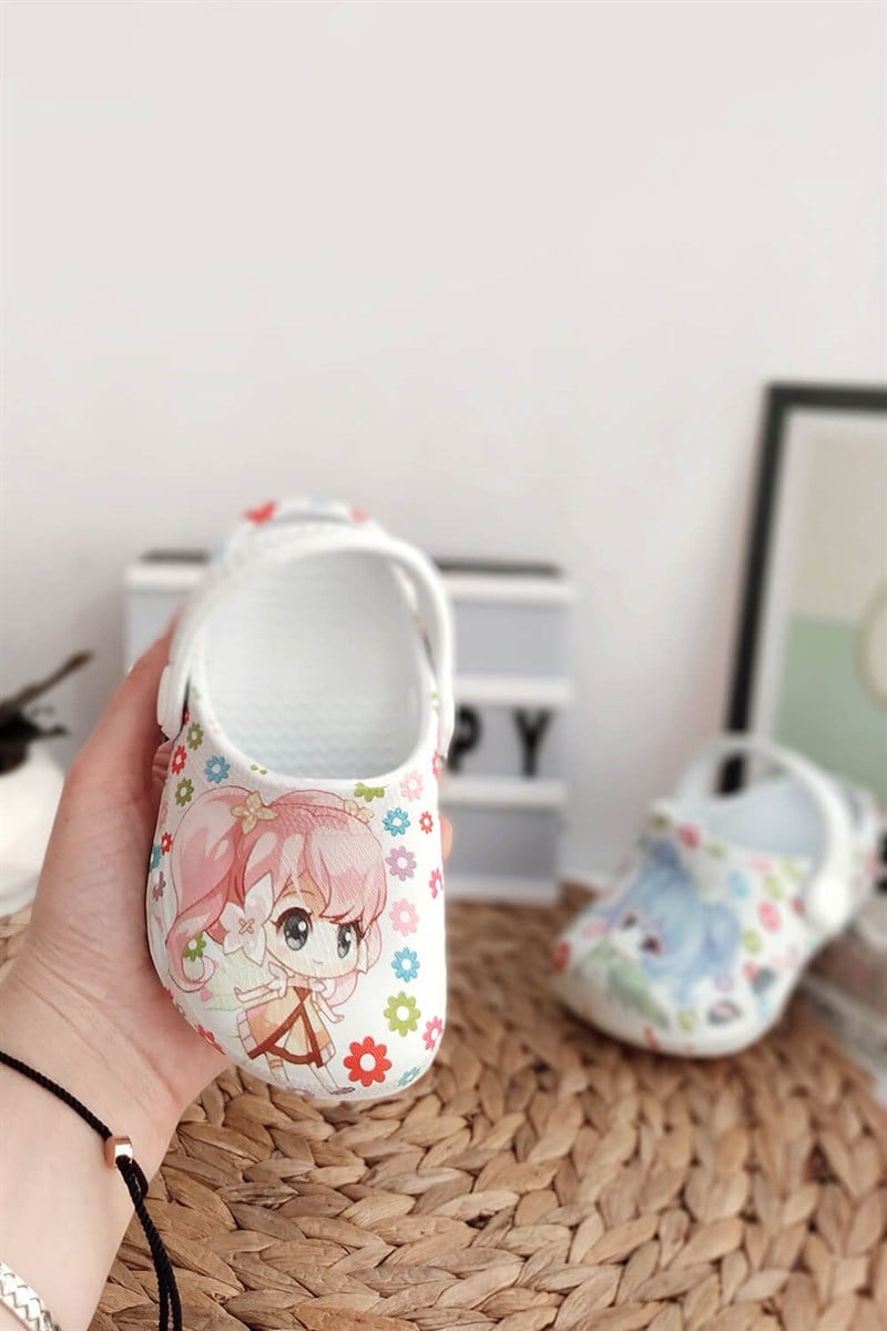 Kız Baskılı Çocuk Crocs Sandalet Beyaz Pembe