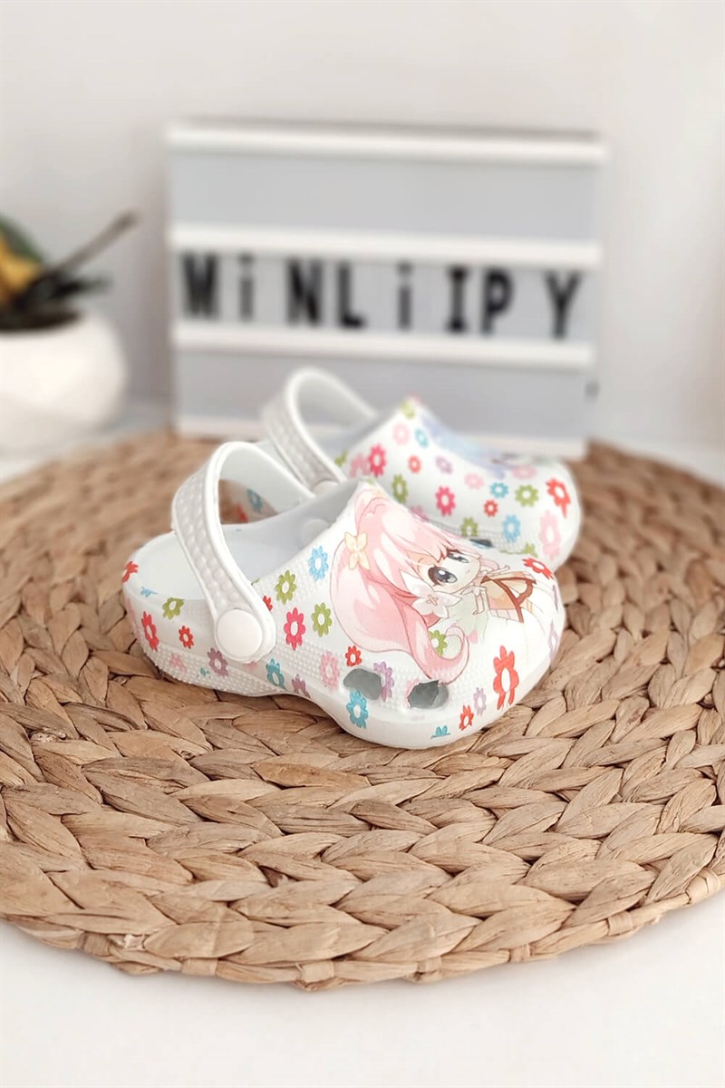 Kız Baskılı Çocuk Crocs Sandalet Beyaz Pembe