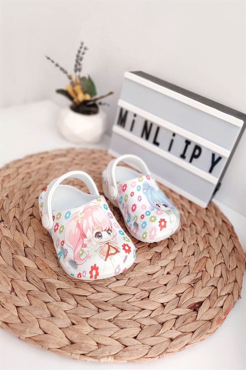 Kız Baskılı Çocuk Crocs Sandalet Beyaz Pembe