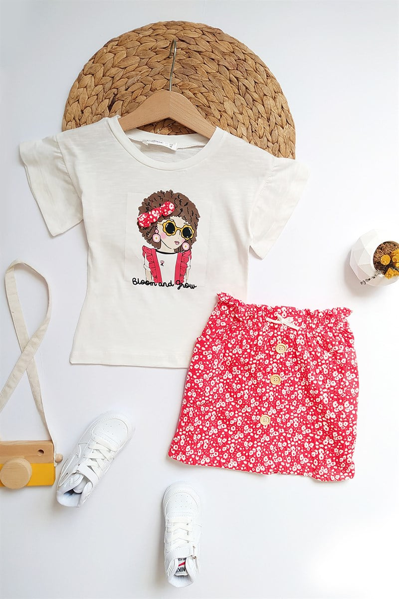 Kız Baskılı Kız Çocuk Etek T-Shirt Takım Kırmızı Beyaz