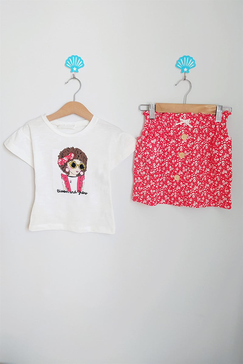 Kız Baskılı Kız Çocuk Etek T-Shirt Takım Kırmızı Beyaz