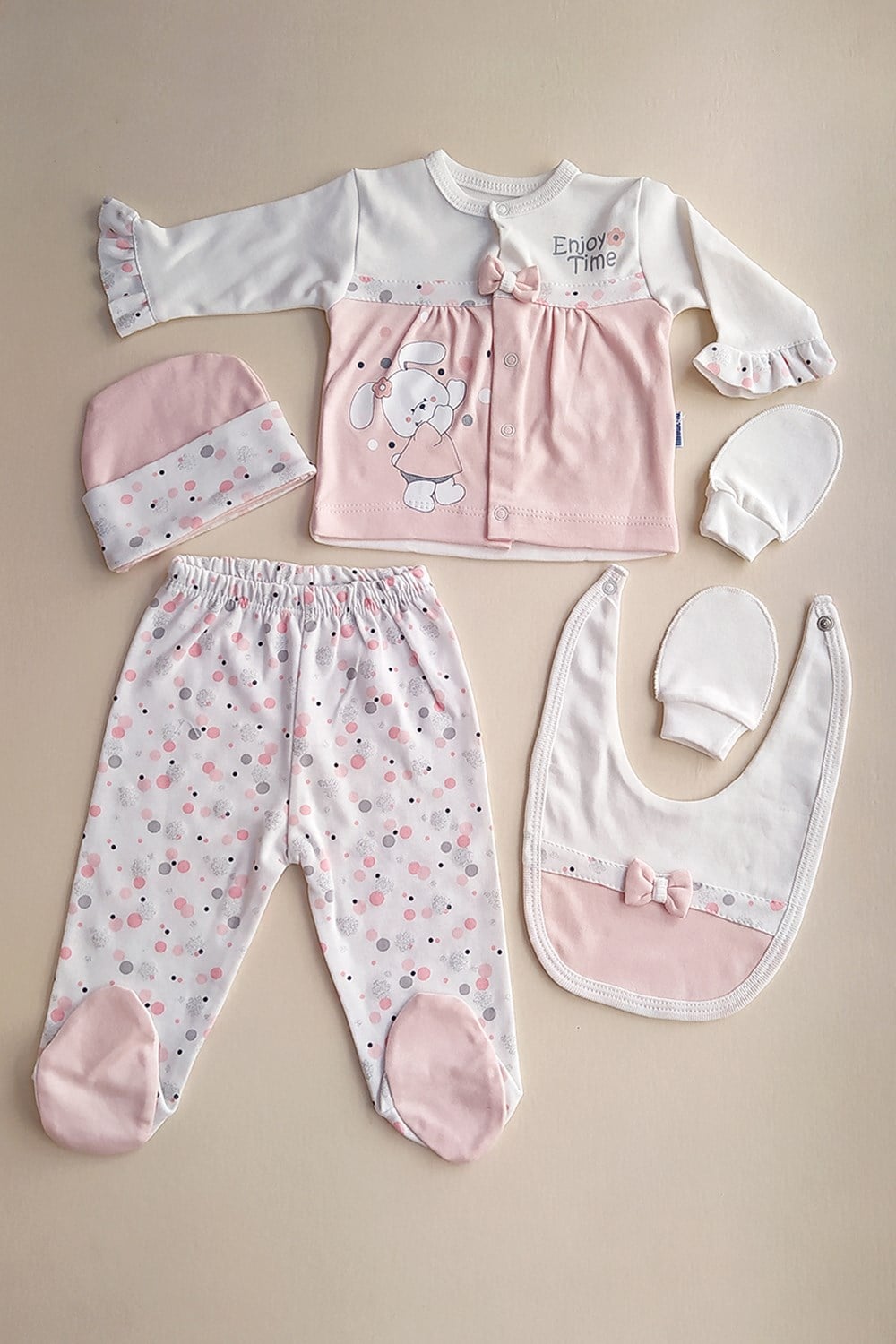 Kız Bebek Tavşan Baskılı 5'li Zıbın Set