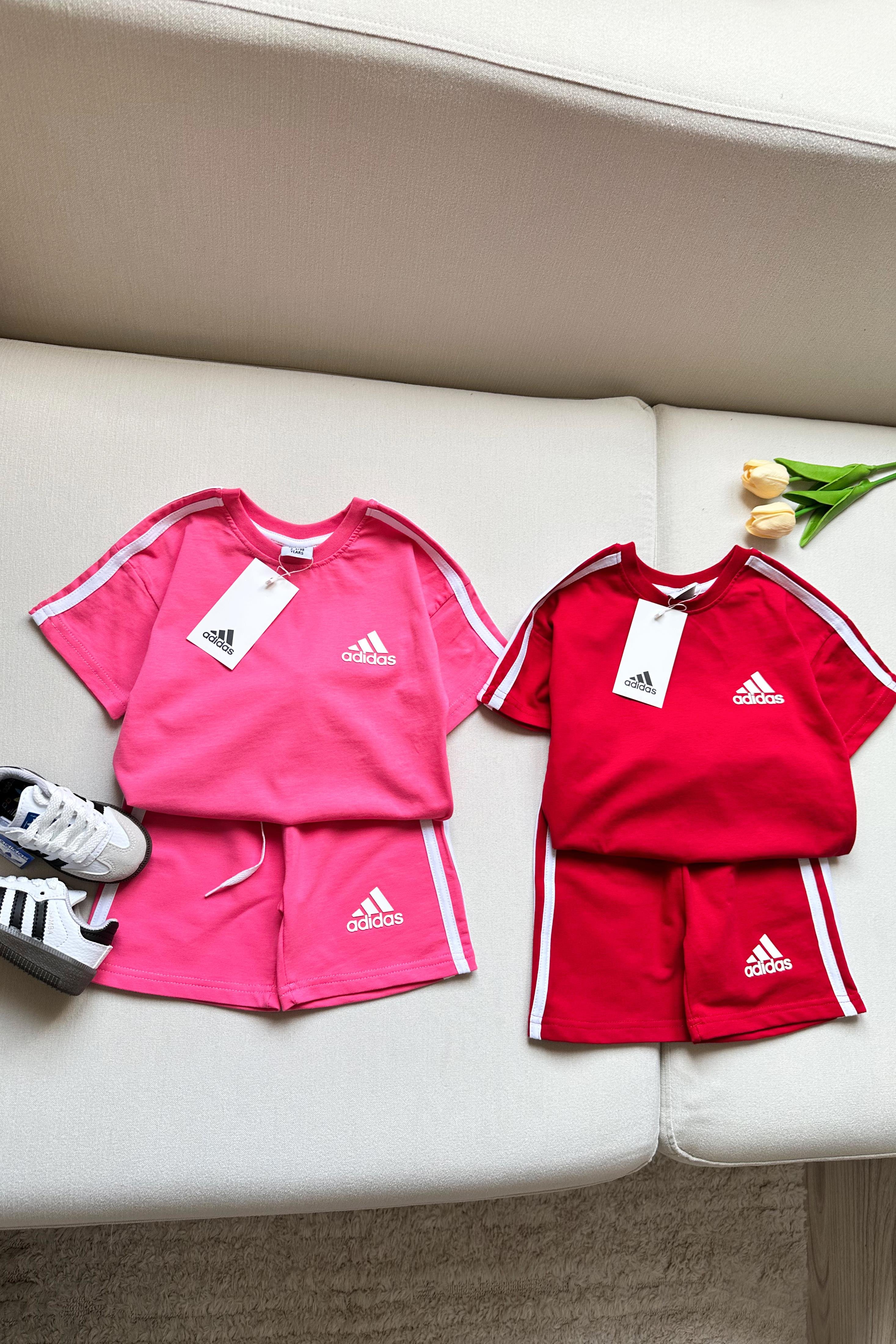 Kolları Çizgili Şortlu Çocuk Takım Pembe