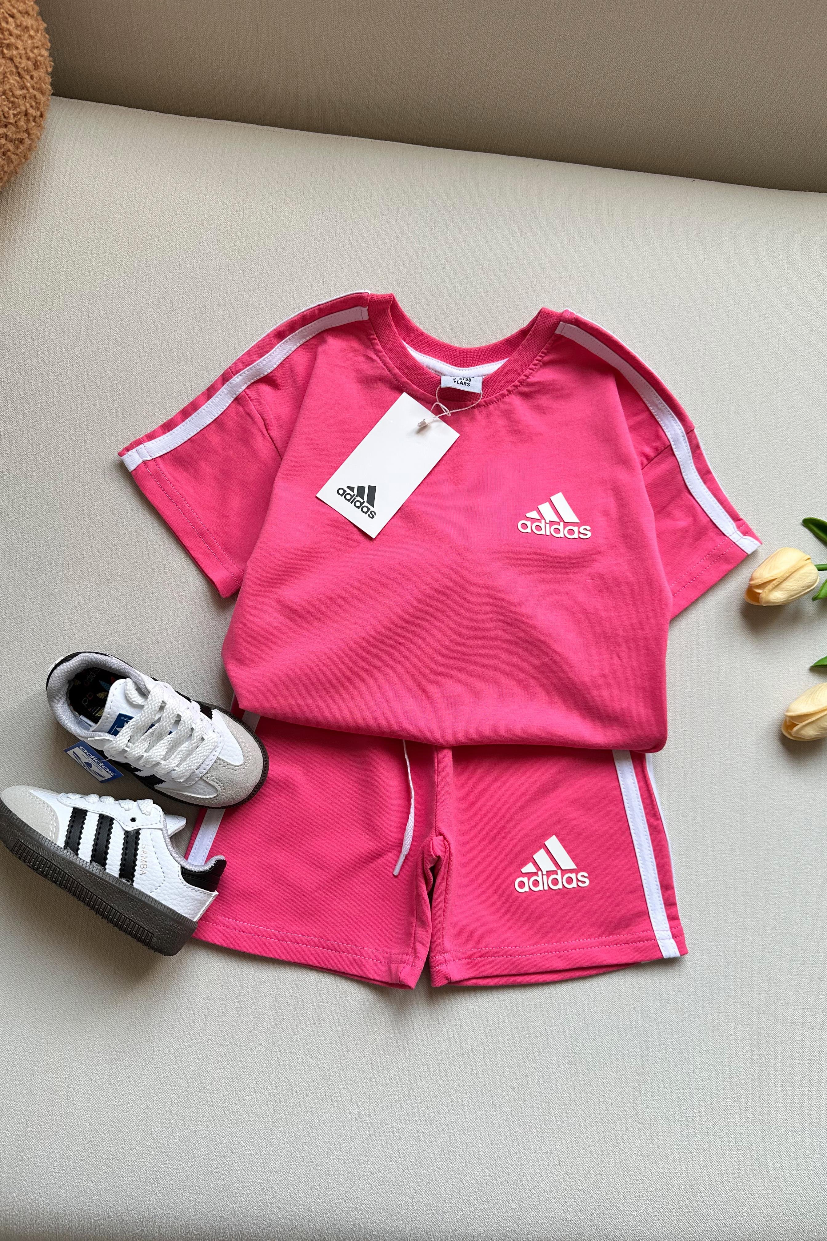 Kolları Çizgili Şortlu Çocuk Takım Pembe