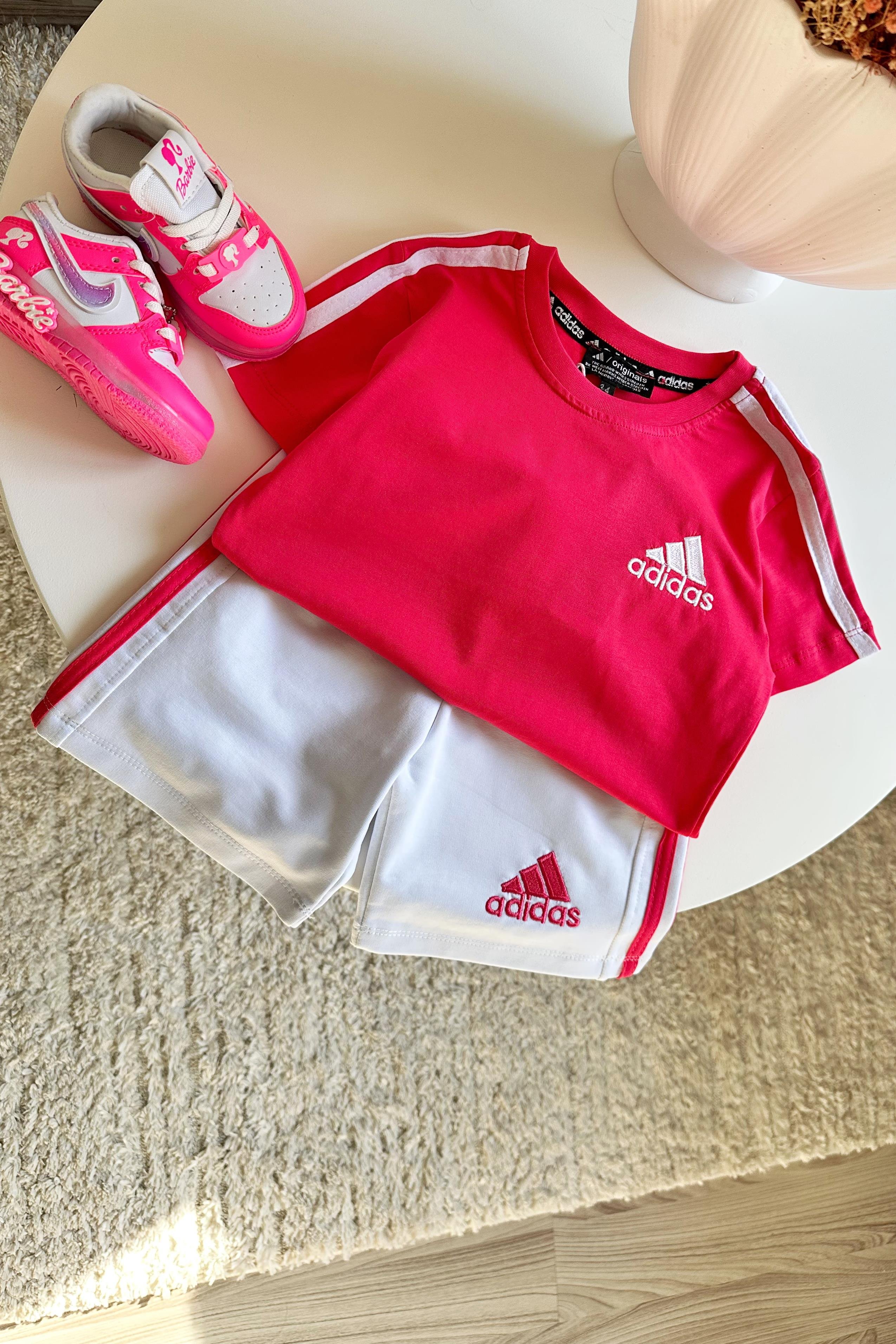 Kolu Şeritli Çocuk Şortlu Takım Pembe Beyaz